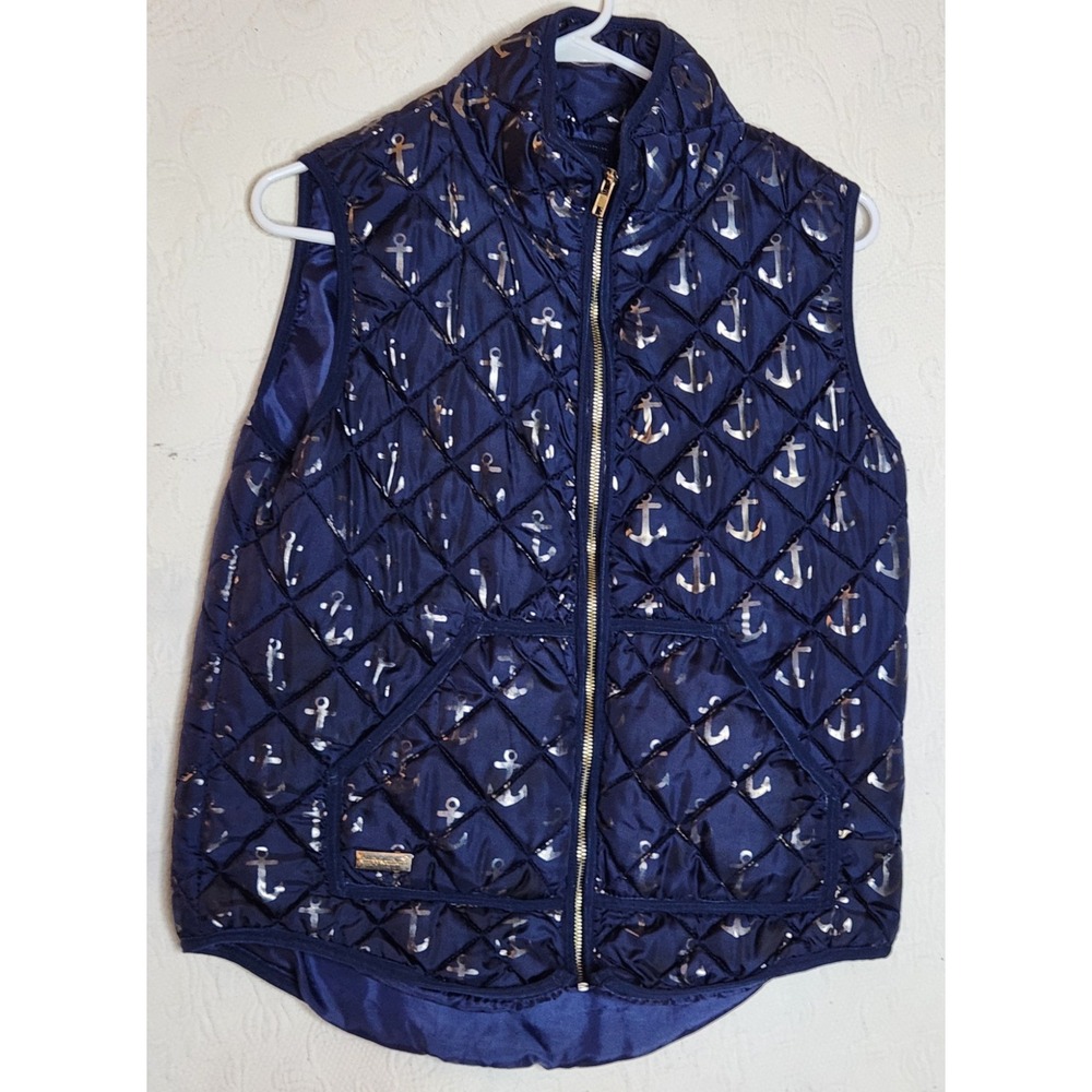 Simply Southern Puffer Vest Blue Gold Anchor All Over Print Full Zip Women's Med